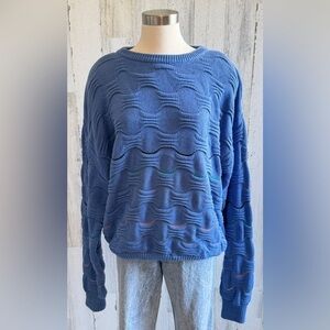 Vintage 90s Textured Wave Knit Cotton‎ Sweater Blue  Tall Large